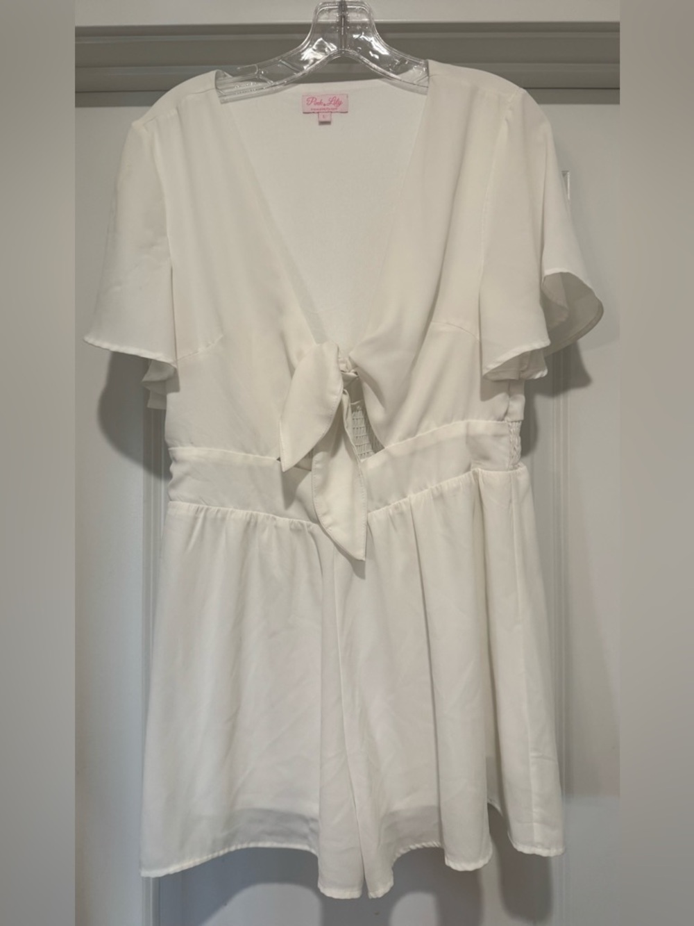 Pink Lily White Tie-Front Cut Out Short Sleeve Romper Size L